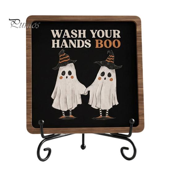 Autumn Festive Decor Halloween Wooden Table Sign, Cute Ghost Boo Plaque Sign with Rustic Fall Bathroom Metal Stand for Indoor Desk Shelf Home