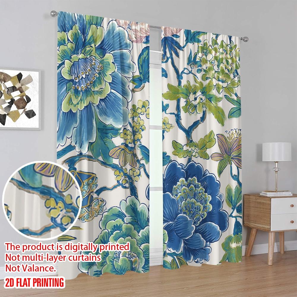 2pcs,2D plane printing Curtains Blue-Green Floral Symphony Versatile Fabric (without rod) Home Decor Ldeal for Kitchen Living