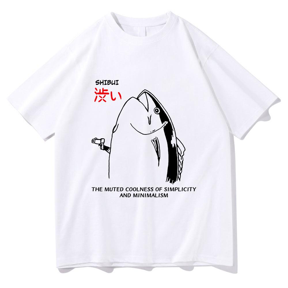 Harajuku Style Lovely Autumn All-purpose Top Fun Japanese Fish and Gun Design T-shirt Couples Unisex Cotton Design T-shirt