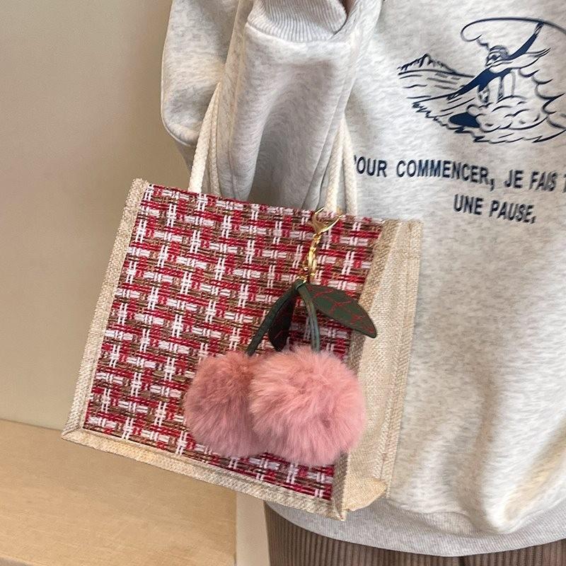 Stilvolle und trendige Leinen-Lunch-Tasche für Damen mit Kirschanhänger und Reißverschluss