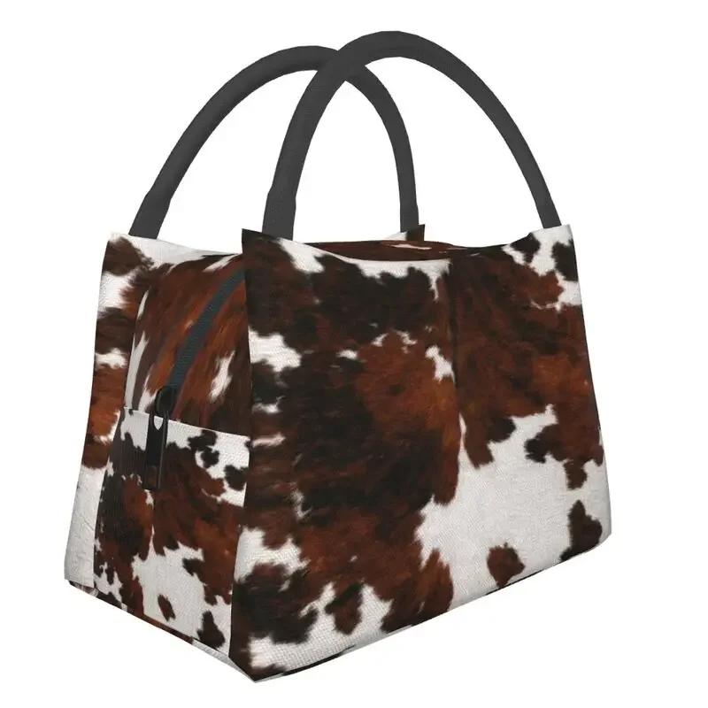 Scottish Highland Cow Cowhide Texture Thermal Insulated Lunch Bag Animal Hide Leather Lunch Container for Picnic Meal Food Box