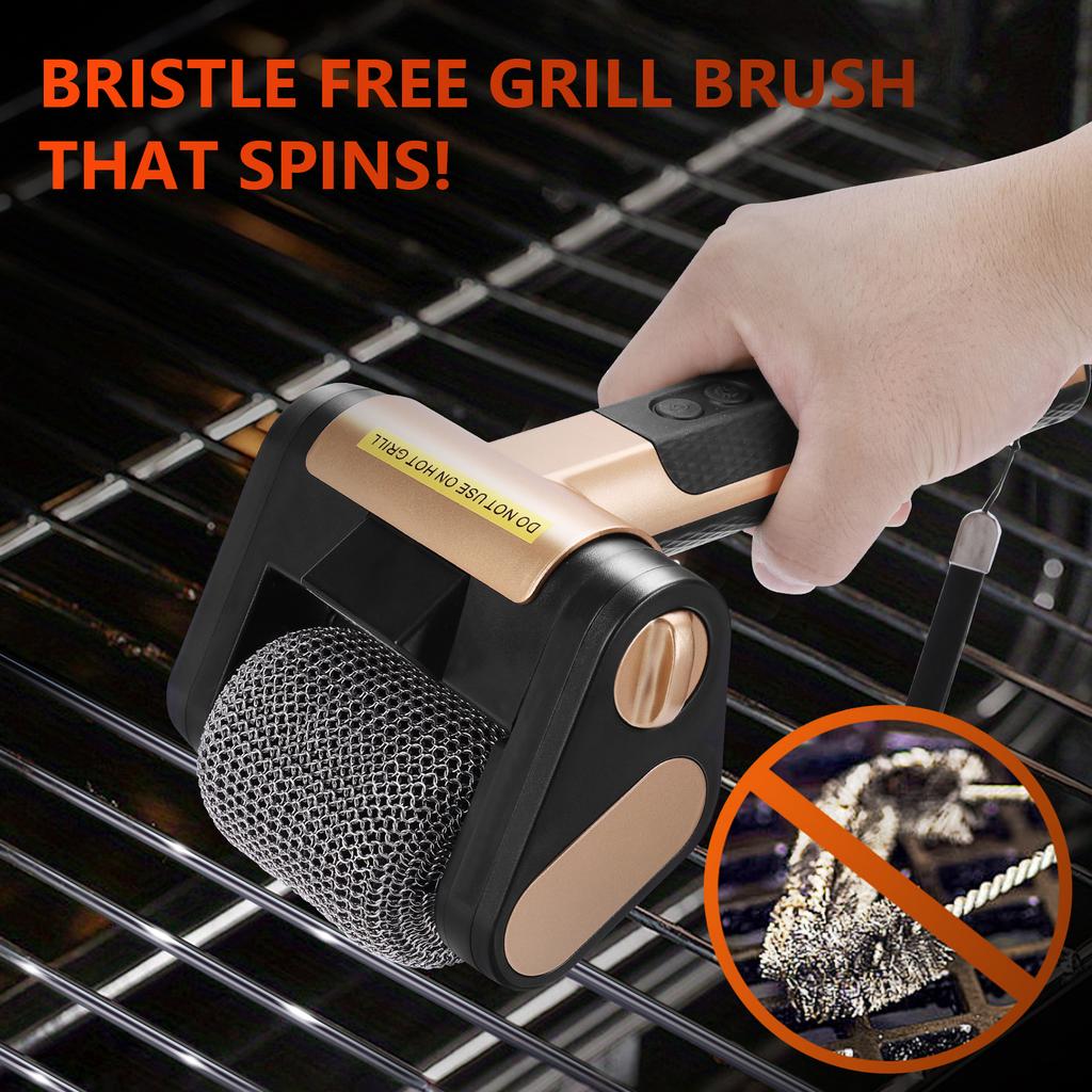New Electric Roller Grill Brush w/ LED Light StainlessSteel Bristle-Free Cleaner Brush Repalceable Brush Head USB BBQ Clean Tool