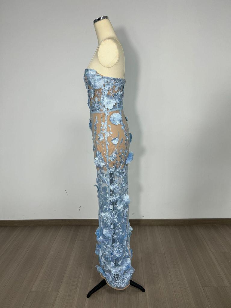 Europäisches & Amerikanisches Design Trägerloses Blaues Abendkleid mit 3D-Blumen-Details