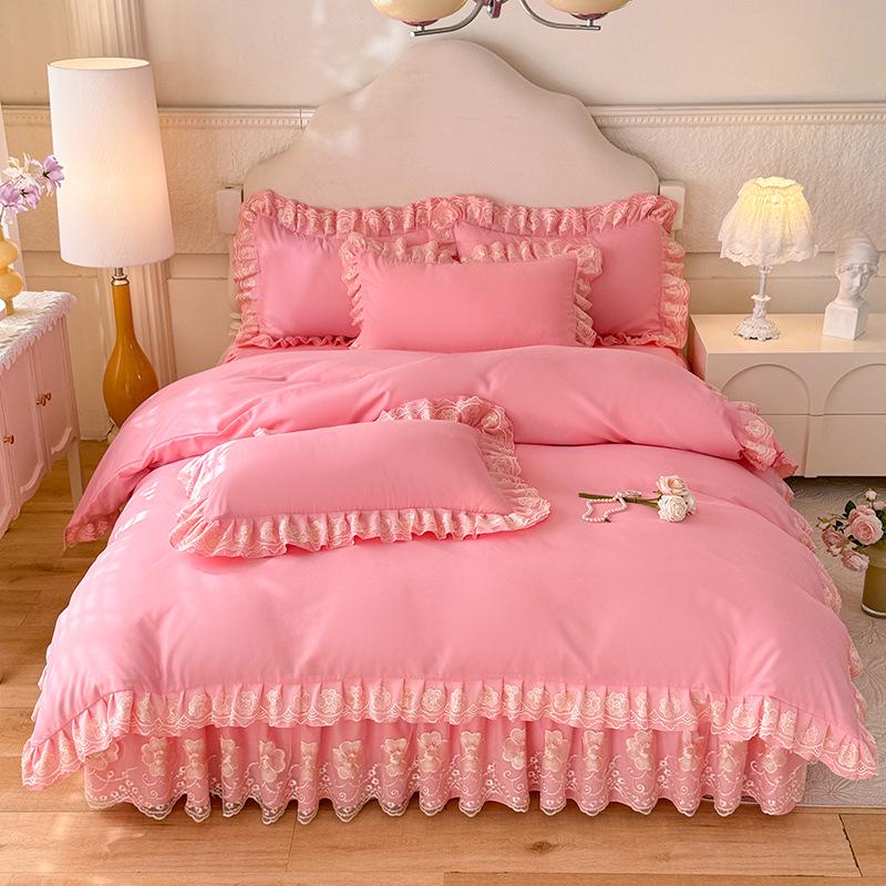Princess Lace Ruffle Bed Skirt Set (3-4 Piece) - Pure Color Duvet Cover and Sheet.