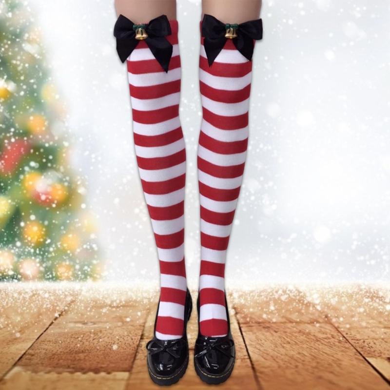 Festival-Schleifenakzent Gestreifte Lange Socken für Damen Weihnachtsfeiern Cosplay Oberschenkelhoch Über dem Knie Strümpfe Strumpfwaren