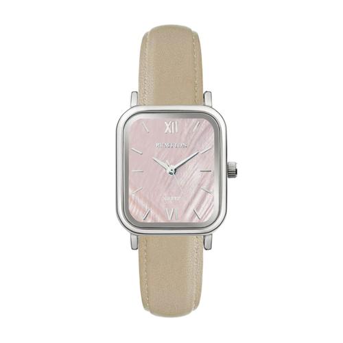 [RUMTTON] RUMTTON Harbor Pink Mother-of-pearl Beige Band Leather Wristwatch Silver __