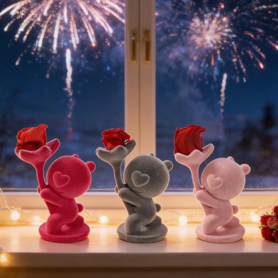Valentine’s Day Bear Ornament with Preserved Rose Holding Eternal Flower Flocking Bear Decoration Wedding Anniversary