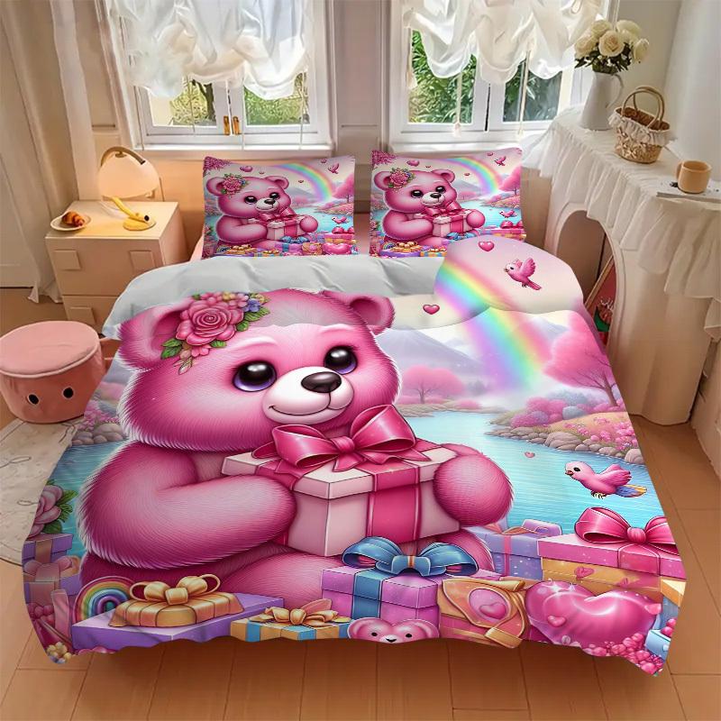 3pcs Pink Teddy Bear Bedding Set - Includes One Quilt Cover and Two Pillowcases (No Core) - Home Decor, Festival Gift, Polyester Fabric, Ani