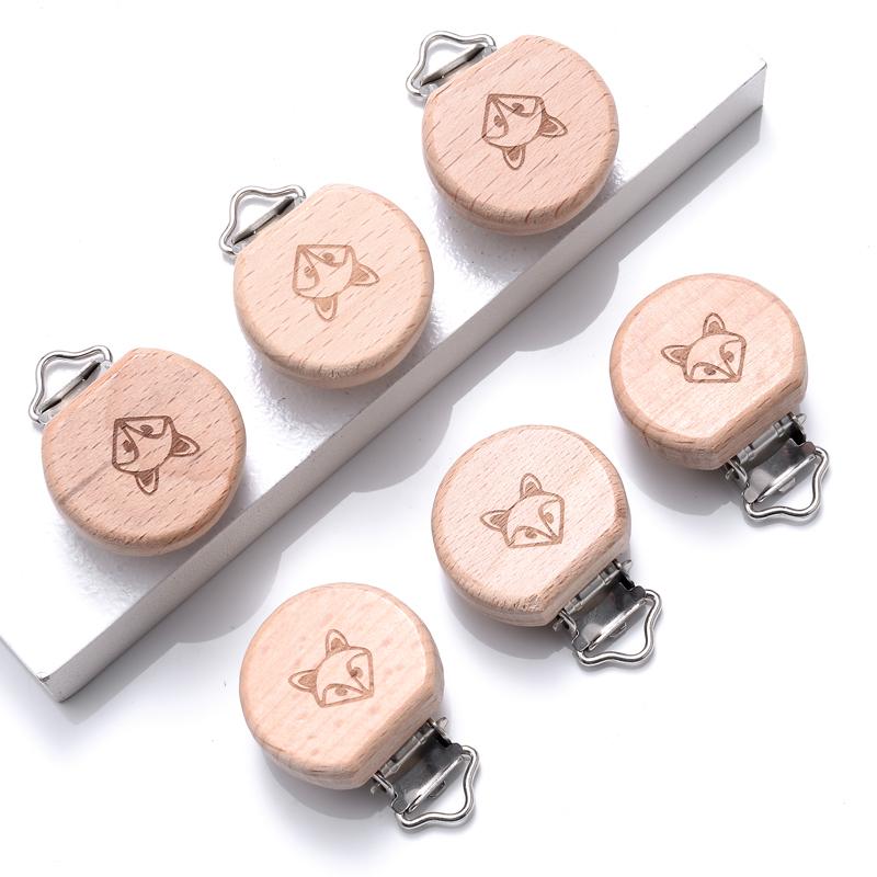 5Pcs Beech Round Pacifier Clips Flower Heart Animal Rainbow Pattern Wood Pacifier Dummy Chain Holder Baby Nursing Chew Accesory