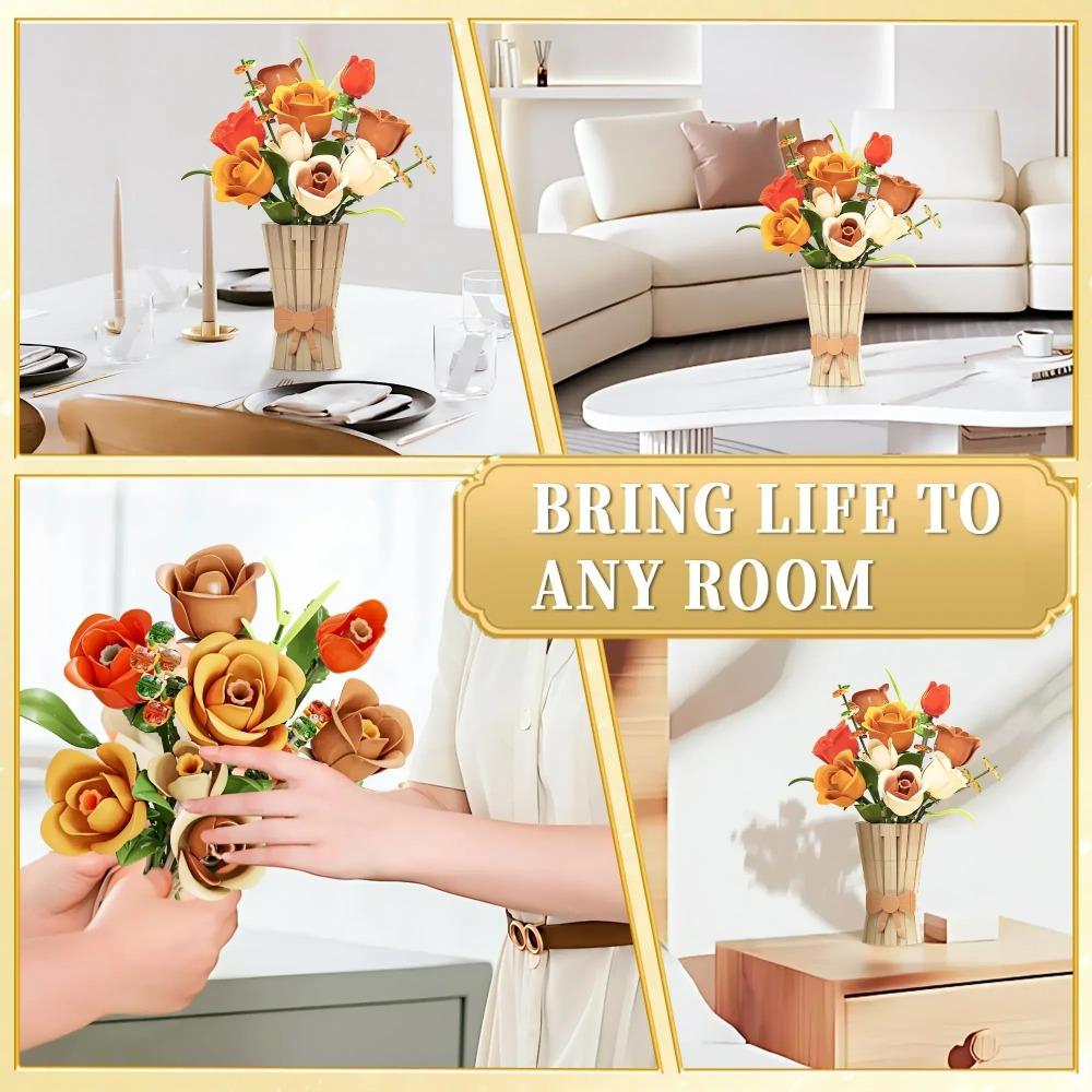 868PCS Rose Bouquet Building Blocks Eternal Flower Vase Bricks Home Decoration Girl Romantic Valentine's Day Gifts Kids DIY Toys