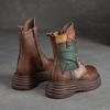 Johnature Damenstiefel mit dicker Sohle, echtes Leder, Retro-Stil, runde Zehenpartie, seitlicher Reißverschluss, gemischte Farben, Plateauschuhe