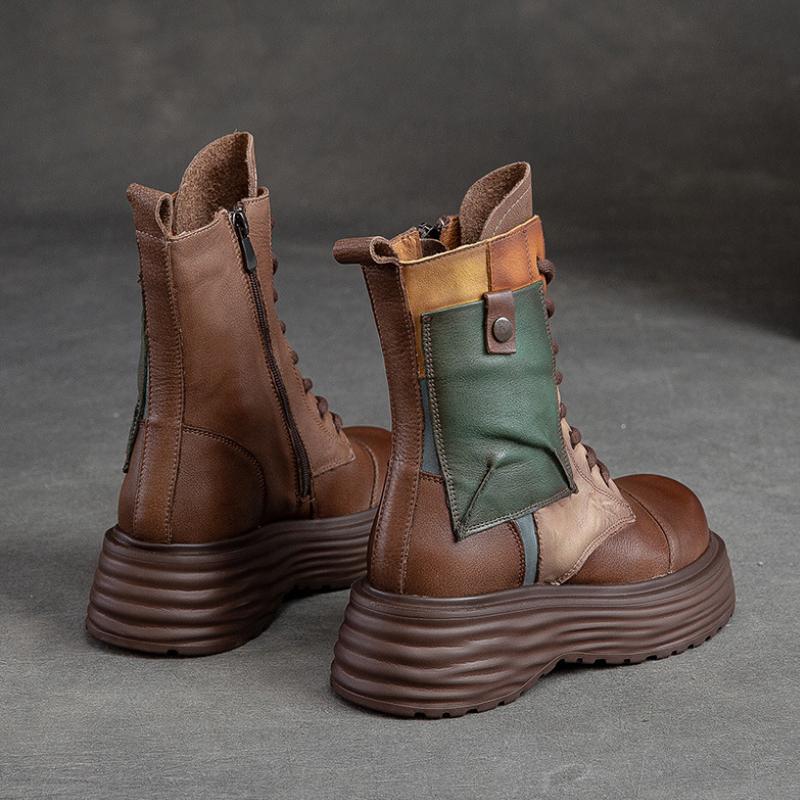 Johnature Damenstiefel mit dicker Sohle, echtes Leder, Retro-Stil, runde Zehenpartie, seitlicher Reißverschluss, gemischte Farben, Plateauschuhe
