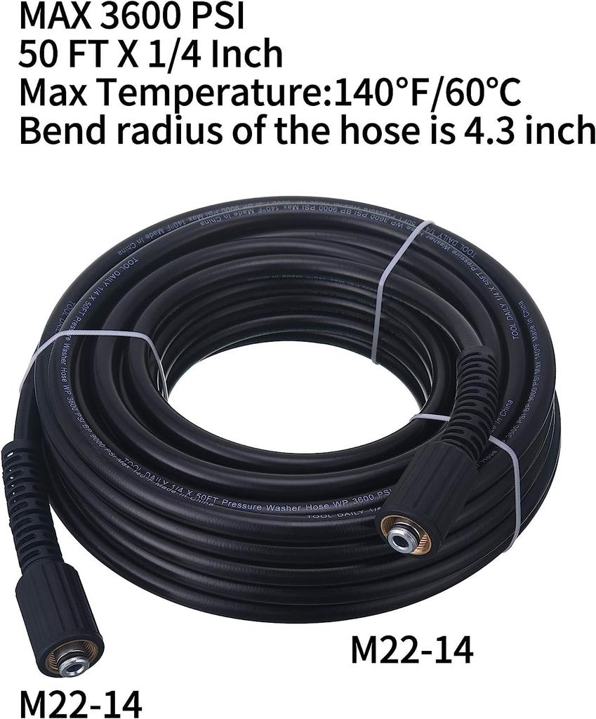 Tool Daily High-Pressure Washer Hose, 15m (50FT), 1/4-Inch, 3600 PSI, M22 14-Connection, Replacement for Most Brands