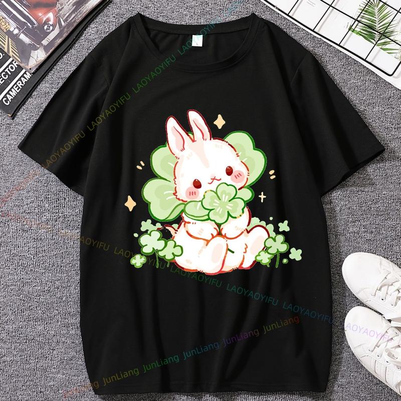 Korean Edition Strawberry Rabbit Cartoon Printed Unisex And Women Short Sleeved Top Trendy Summer Womens Blouse Y2k Clothes Goth