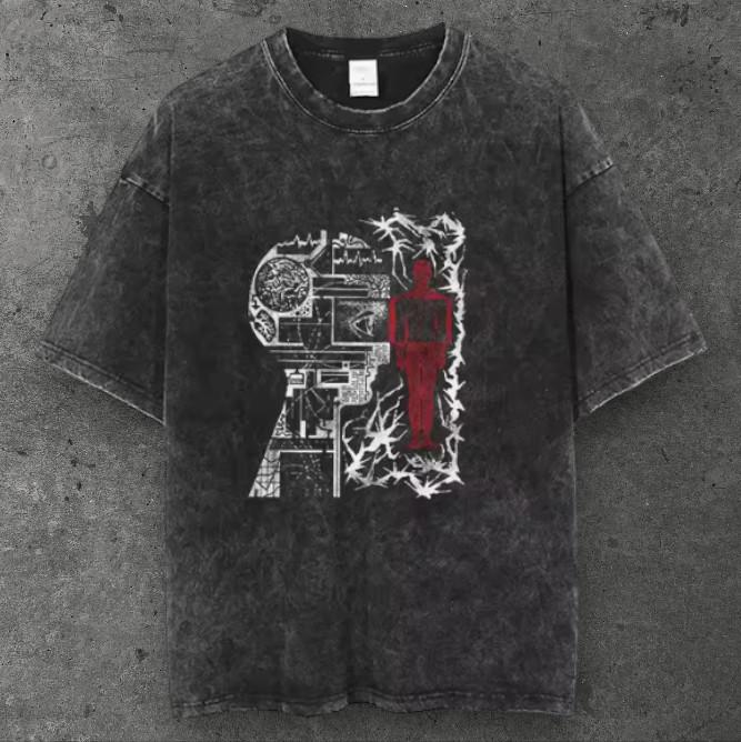 Mens Human Silhouette Oversized Cotton T Shirt Washed Black Y2K Streetwear S-3XL S