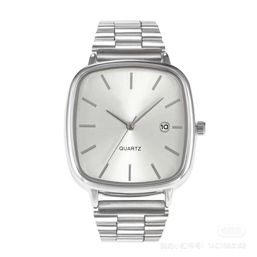Steel Belt Watch Retro Silver Real Calendar Square Watch High-end Sense Men's and Women's Commuting Gold Brick Quartz Watch