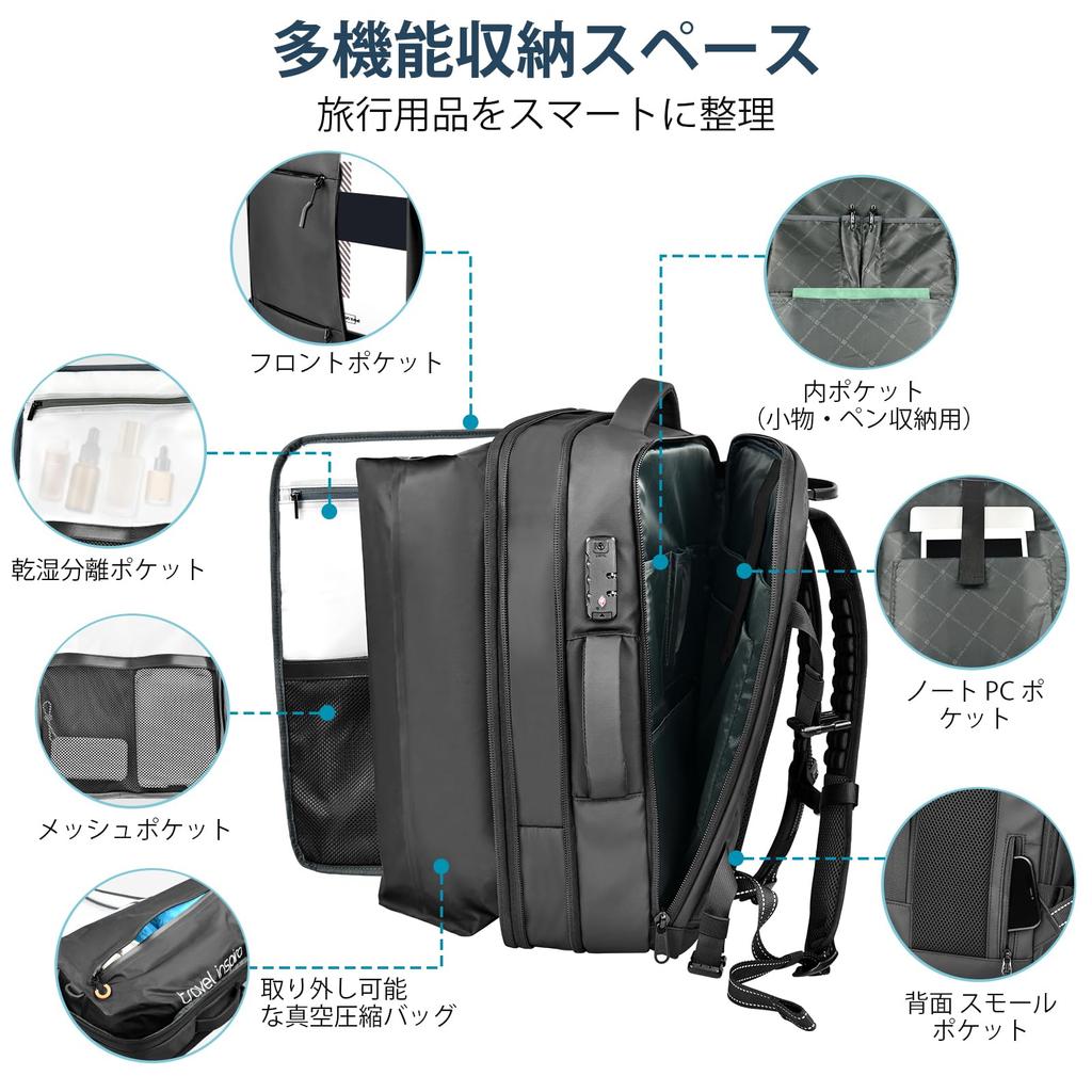 [travel inspira] Vacuum Compression Backpack, 65L Expandable, Carry-On Compatible, Revolutionizing Storage, with TSA Lock & Rescue Whistle,