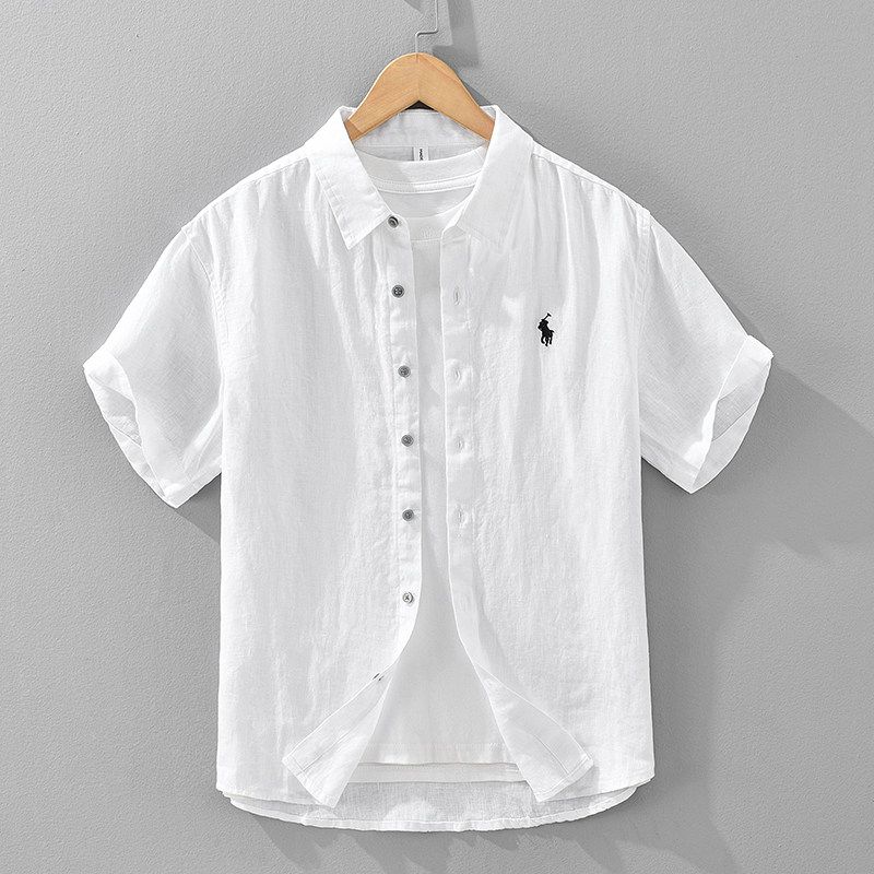High-End Pure Linen Shirts for Men, Short-Sleeved Printed Tops, Summer Thin Breathable Cotton-Linen Shirts White XL