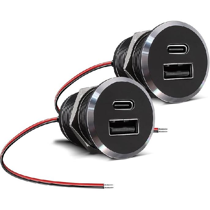 12V USB Outlet All-Aluminum QC 3.0 USB-A & USB-C PD3.0 Dual High-Speed Charger Socket, Recessed Mount Type-A Type-C Port for Camper Van Trailer RV