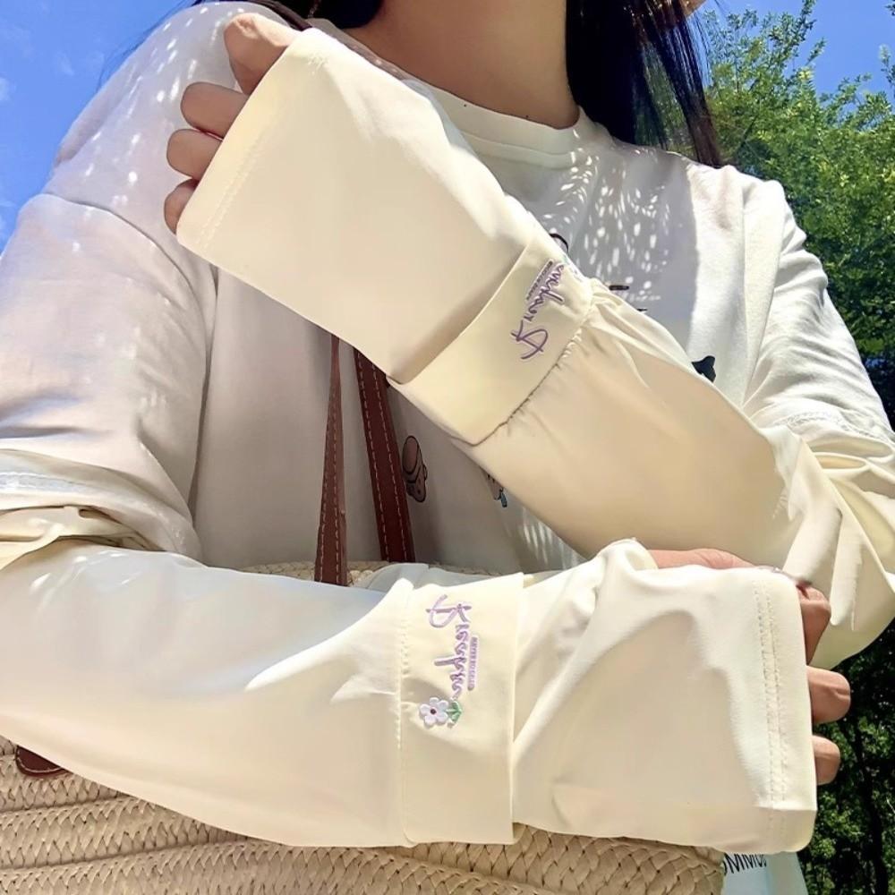 Flower Embroidered Long Ice Silk Sleeves Loose Cycling Gloves Sunscreen Arm Covers  Summer
