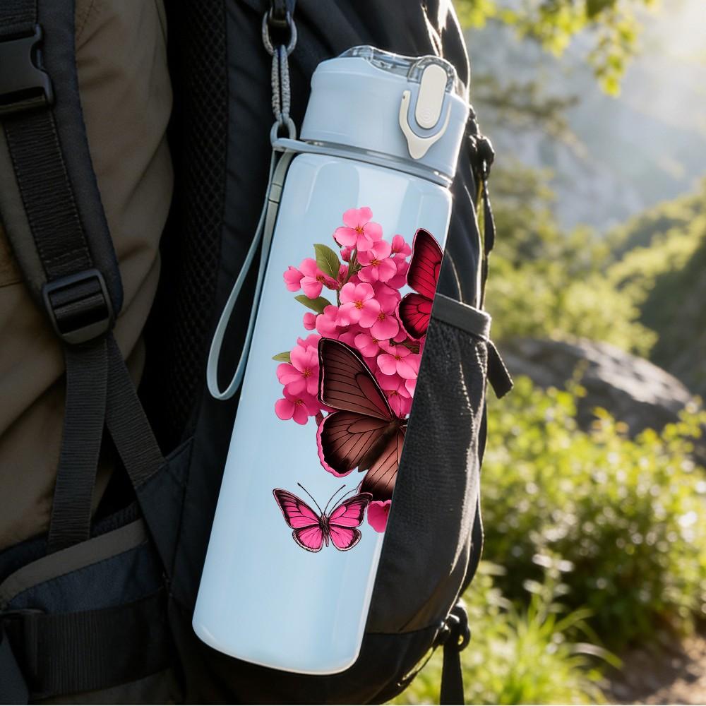 1PC Butterfly Resting On Pink Flower Print 750ml Color Plastic Sports Water Bottle Leakproof Flip Straw Lid Suitable for Sports Office Home Use