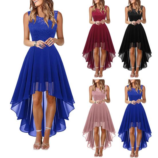 Women's Sleeveless Lace High Low Dress Crew Neck Cocktail Dress Formal Wedding Guest Swing Dress for Evening Party Prom