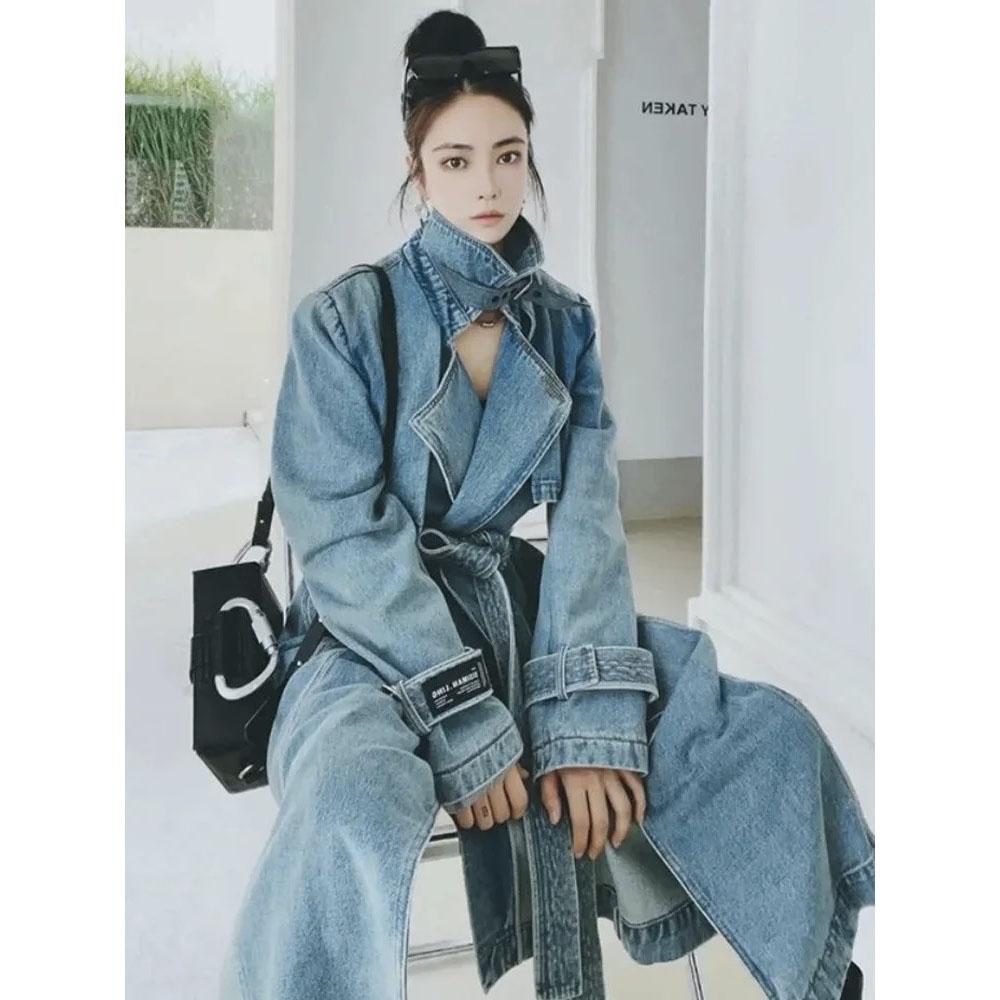 Wiosenne i jesienne jeansowe długie płaszcze damskie płaszcze kurtki trencz damski trencz