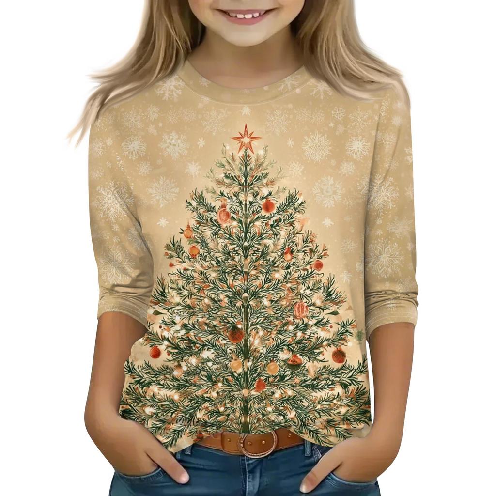Children's 3/4 Sleeve Tops Casual Christmas Print T Shirt Round Neck Pullover Blouse