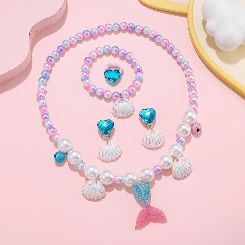 Children's Mermaid Necklace Set Girl Shell Fish Tail Little Girl Bracelet Princess Jewelry Cute Ear Clip Ring