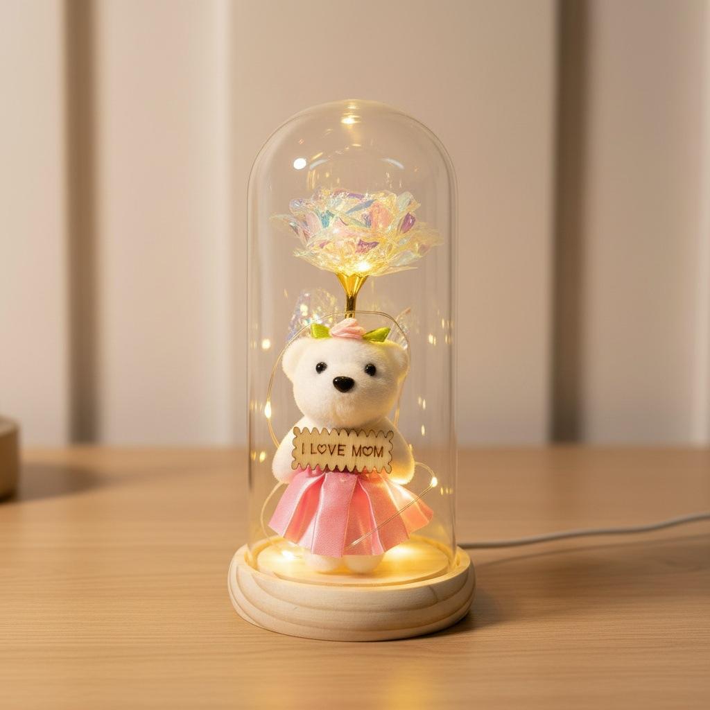 Mother's Day Gift Gold Foil Rose Immortal Flower Bear Glass Cover Ornament Valentine's Day Gift Night Light