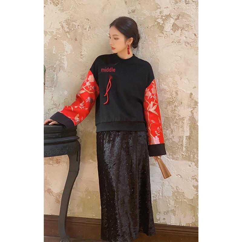 JK&JS Women's New Chinese Style Jacquard Round Neck Sweatshirt