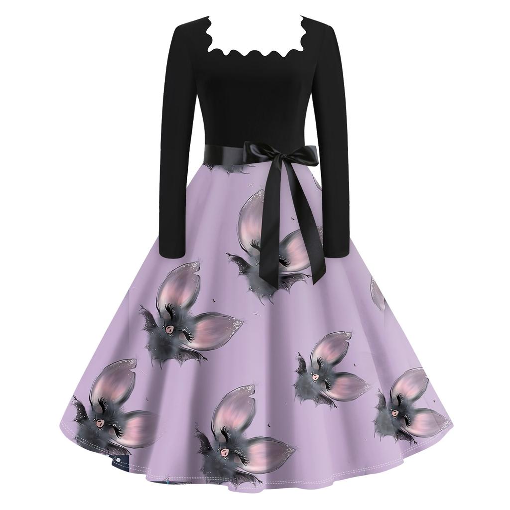 Damska codzienna moda Halloween Print Vintage sukienka z długim rękawem