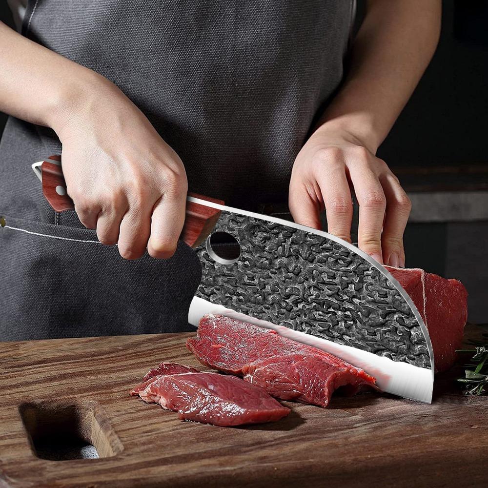 Stainless Steel Kitchen Knife Hand Forged Hammered Chef's Knife Meat Cleaver Fish Bone Splitting Slicing Knife with Leather Case