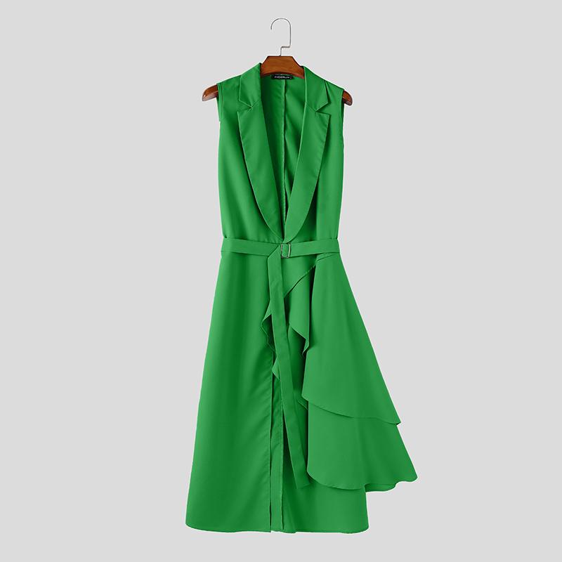 

INCERUN Мужские топы с воротником-лацканом, без рукавов, с поясом на талии, с оборками, нерегулярной складкой, длинные 4XL зелёный