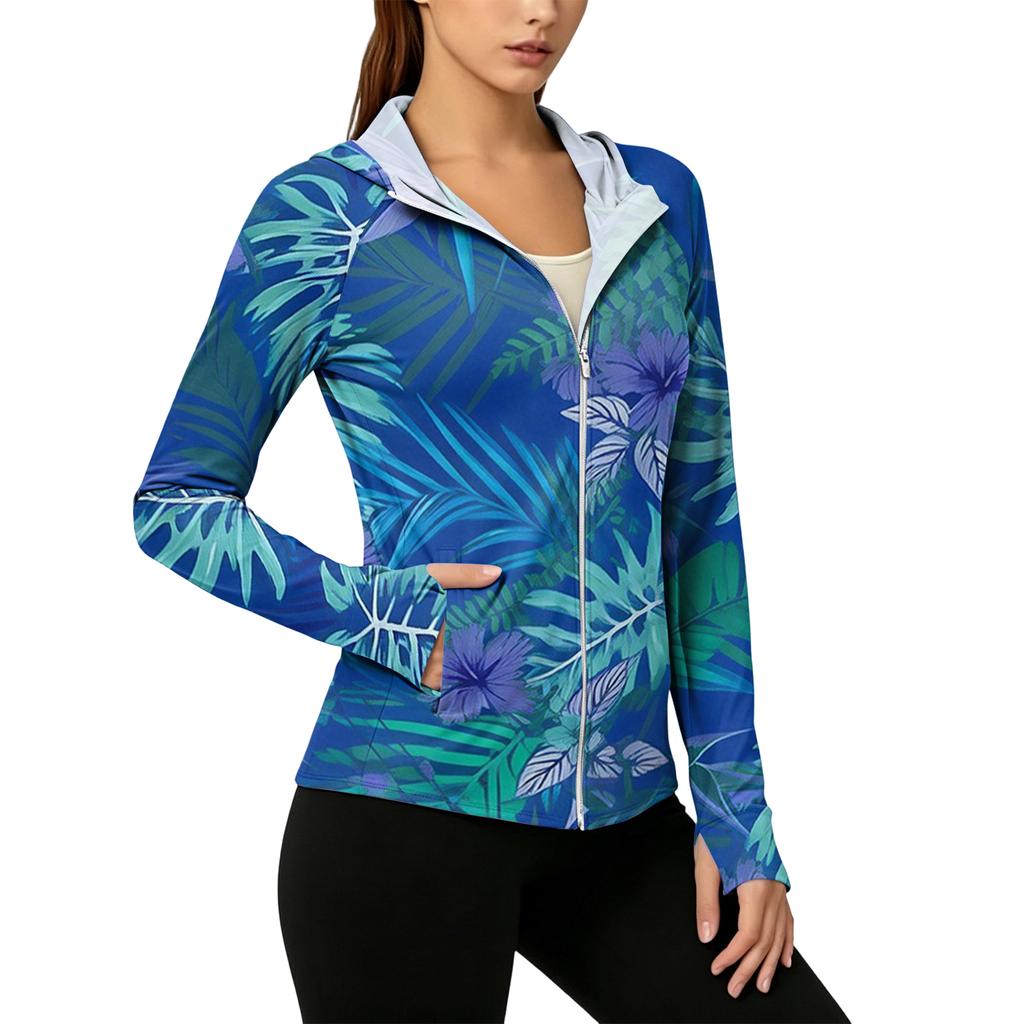 Women’s Zip Up Hooded Sun Jacket with Pockets Long Sleeve Lightweight Outerwear Tropical Print Design