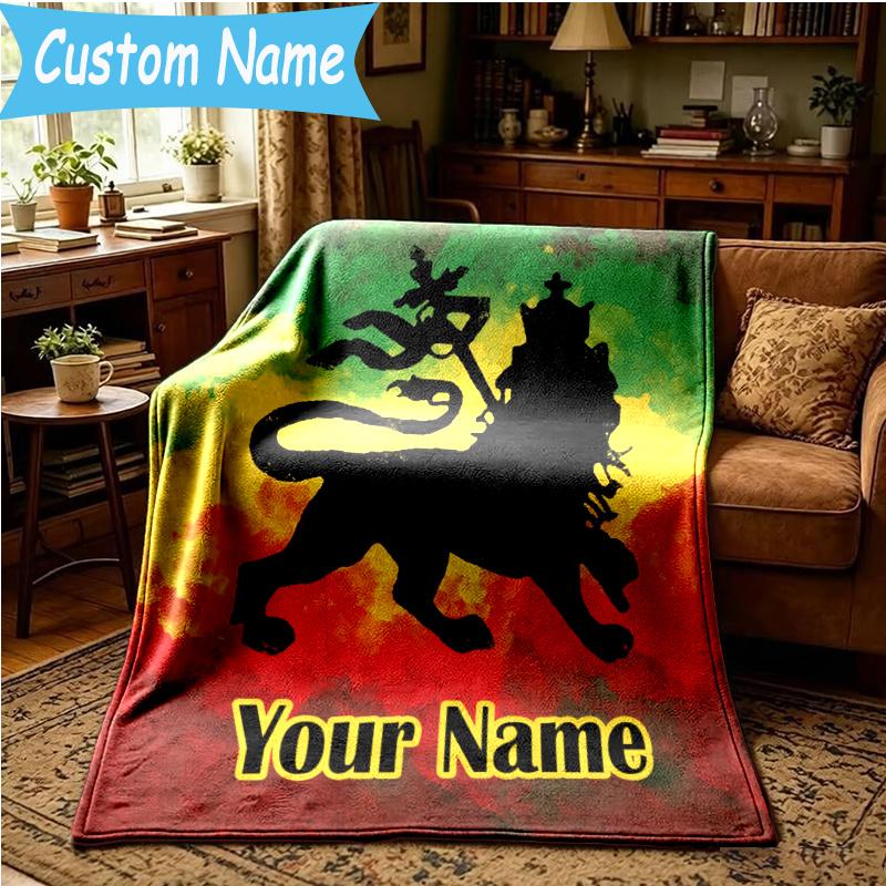 Custom Name Ethiopian Flag Lion Stars Blanket Flannel Blanket for Camping, Hiking, Garden Parties, Picnic Essentials,gift for family and friend