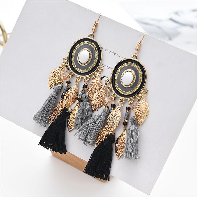 Vintage Ethnic Long Tassels Earrings For Women Boho Gold Color Leaf Drop Exaggerated Dangle Earring Female Party Jewelry