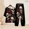 Women Plus Size Skull Printed Notch Neck Half Sleeve Top Cross Hem Pants Two Piece Set