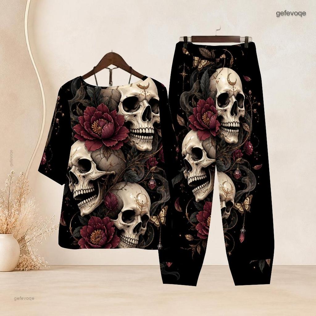 Women Plus Size Skull Printed Notch Neck Half Sleeve Top Cross Hem Pants Two Piece Set