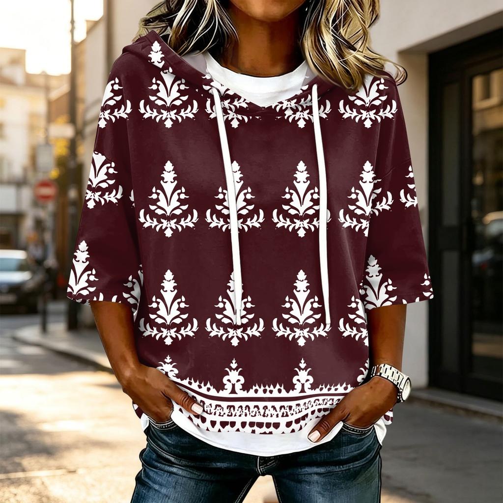 Damen Casual Kapuzen-T-Shirt mit 3/4-Ärmel und geometrischem Aufdruck