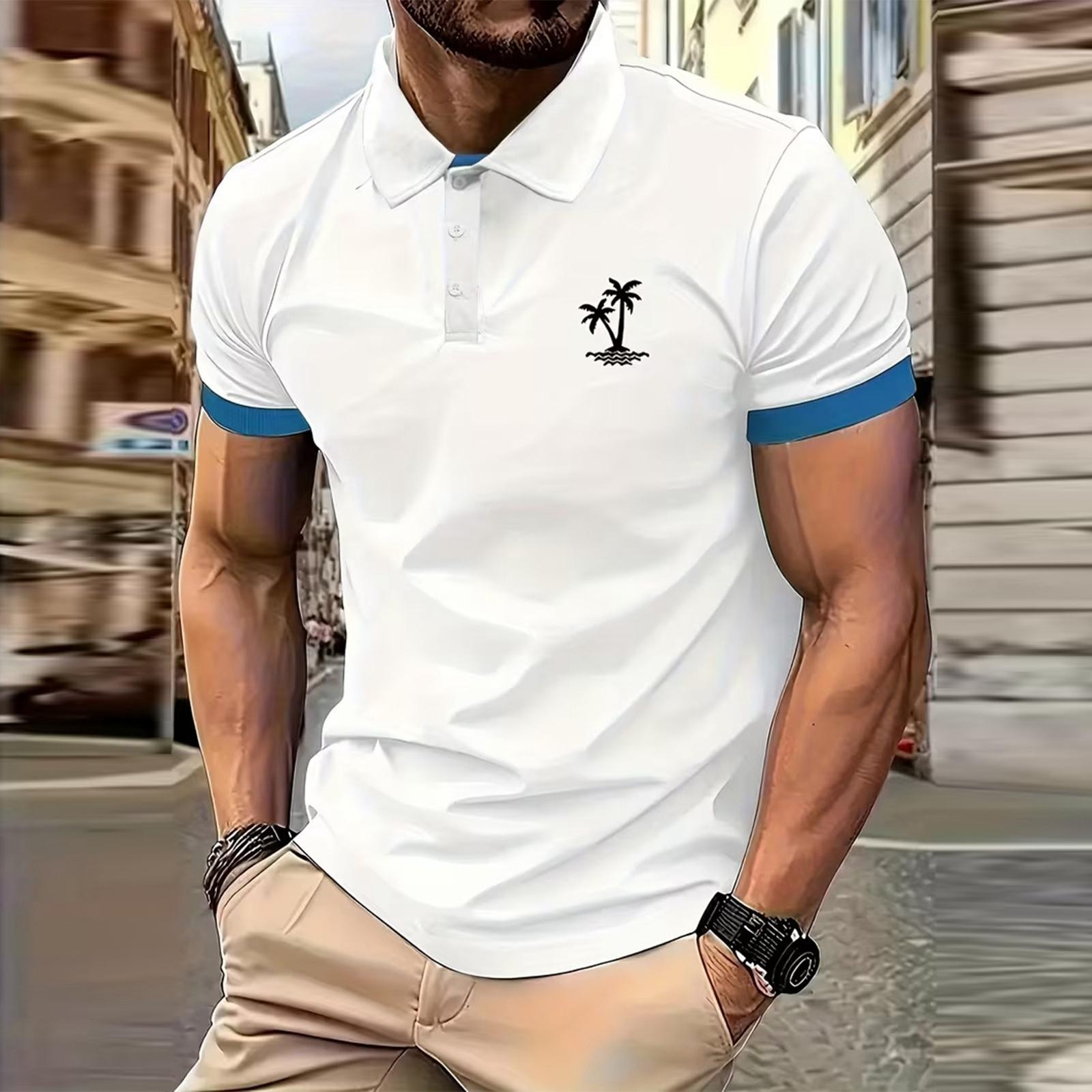 

Men s Short Sleeve Polo Shirt Classic Fit with Tree Embroidery Soft Cotton Material Casual Collar Top L