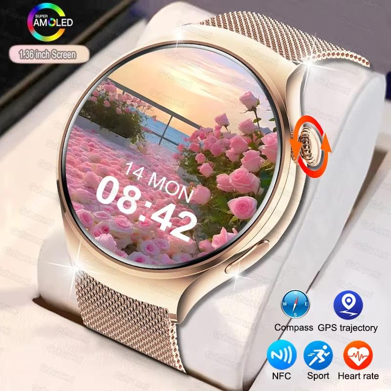 2025 Ny Dame Mote Smartklokke Kvinner AMOLED HD-skjerm GPS Puls Bluetooth-anrop Vanntett Utendørs Smartklokke for Xiaomi
