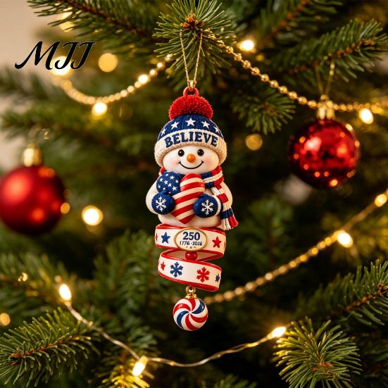 Indoor Outdoor Festive Decor 2026 Patriotic Snowman Christmas Ornament, Acrylic Hanging for Tree, Tree Ornament Holiday Pendant Home Party Accessory