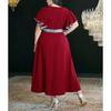 Plus Size Women Striped V Neck Sequined Patchwork Elegant Midi A Line Dress