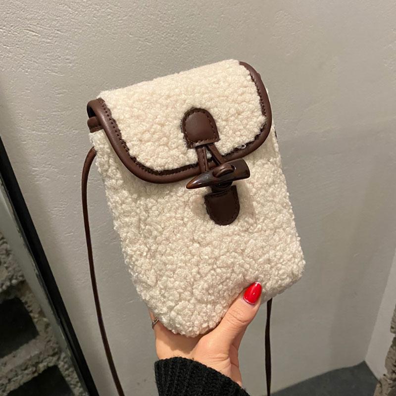 Fashion Mini Lamb Wool Small Square Bag Horn Toggle Button Design Portable Popular Plush Crossbody Bags Cute Mobile Phone Pack