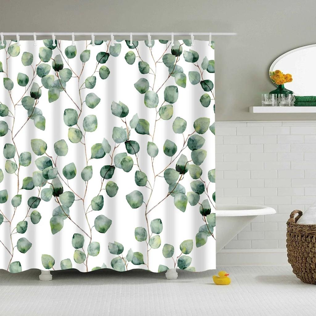 Tropical Green Plant Palm Leaves Bathroom Accessories Set Shower Curtain Bathroom Curtains Waterproof Polyester with Hooks