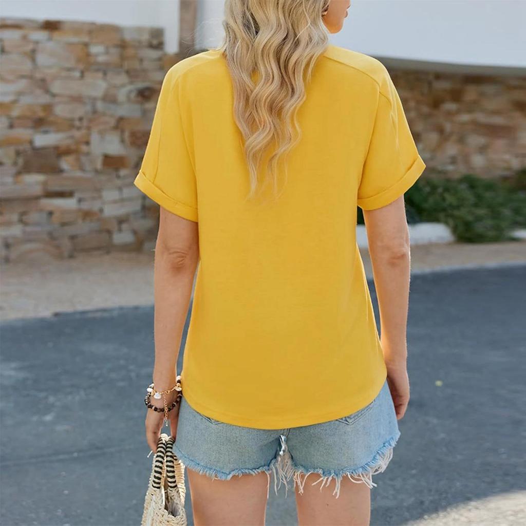 Women's Fashionable Casual Button-Down Collar Shirt, Cute Short-Sleeved V-Neck Summer Beach Vacation Top