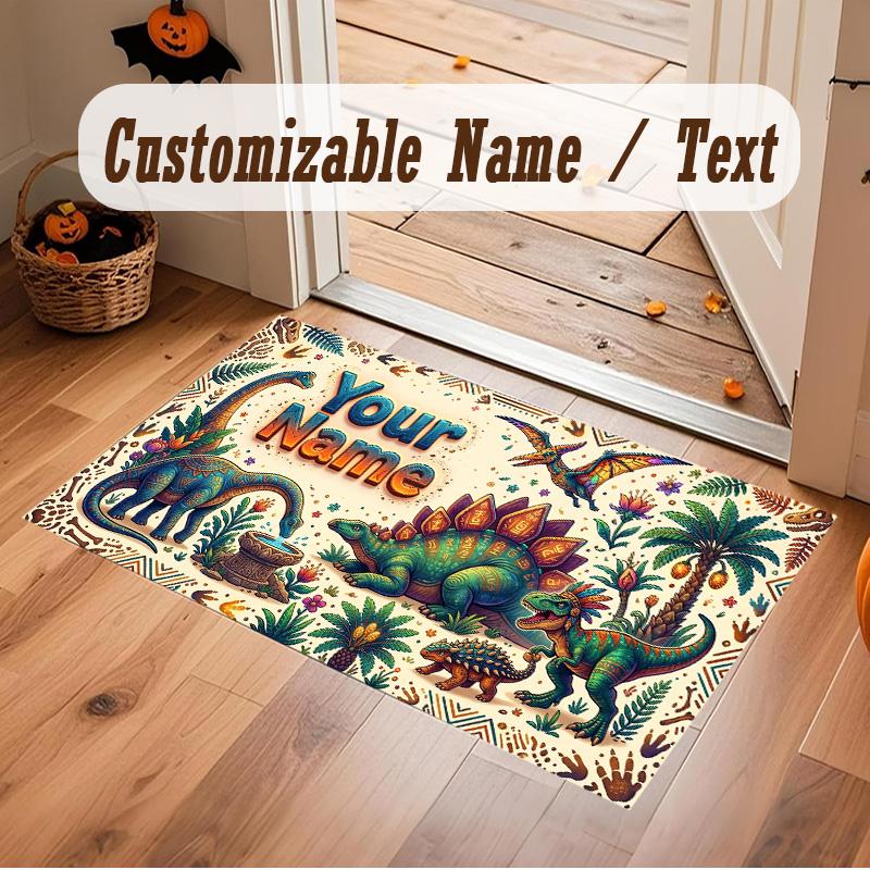Dinosaur Theme Soft Crystal Velvet Rug Custom Name & Text Print Non Slip Floor Rug for Bedroom Living Room