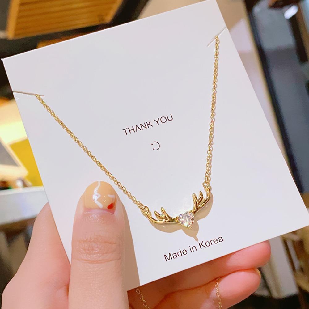 Minimalist Antler Heart Pendant Necklace - Gold Plated Pink Zircon Deer Horn Collarbone Chain for Women Sweet Jewelry