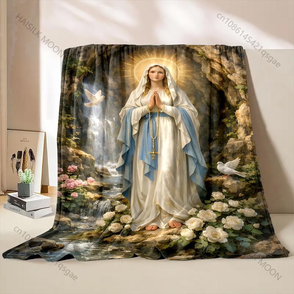 1PC Virgin Mary with Doves Print Blanket Warm Soft Fluffy Kids and Adult Sofa Bed Throw Blanket Outdoor Travel Camping RV